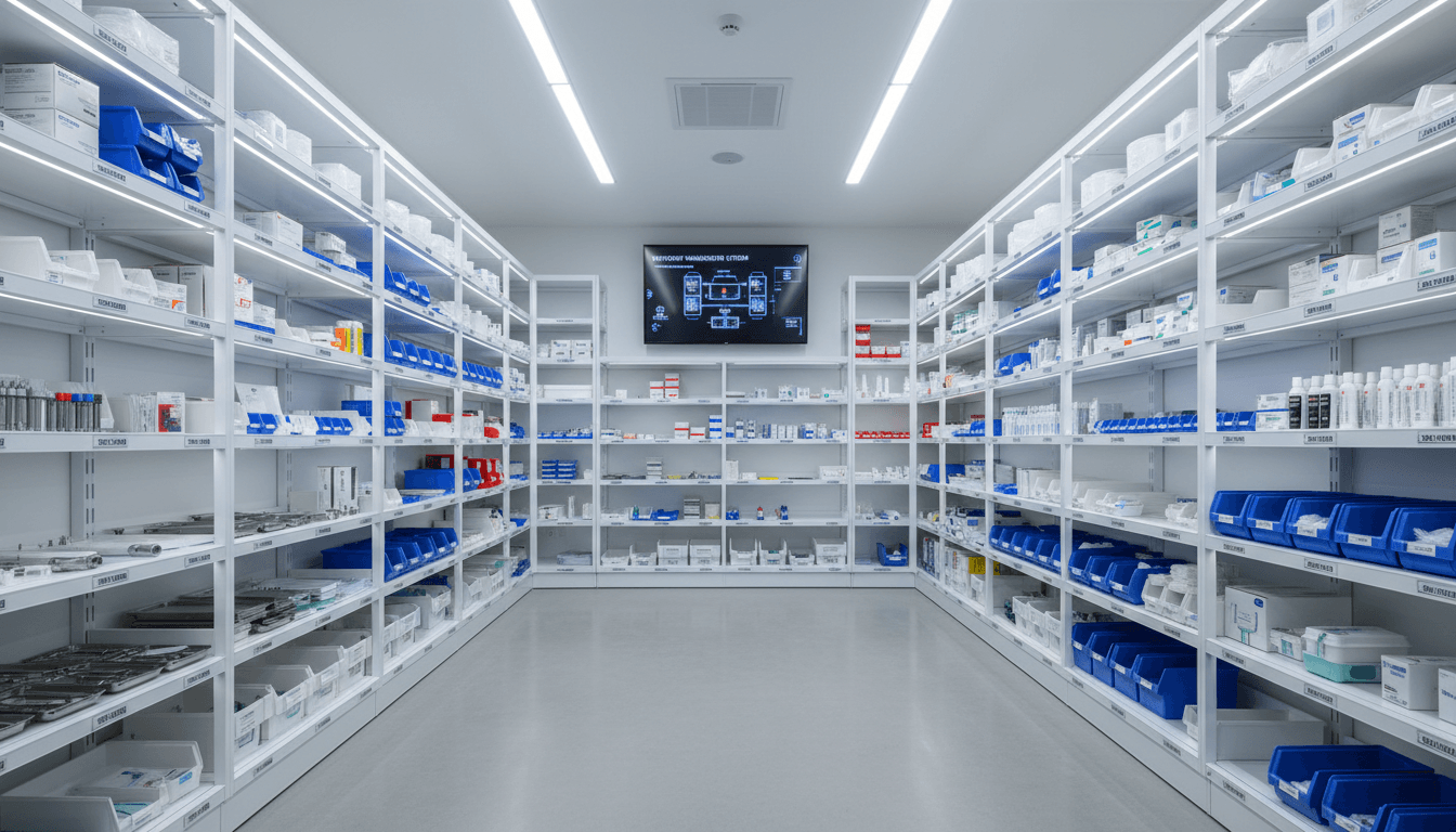 Hospital supply room stocked with dental equipment
