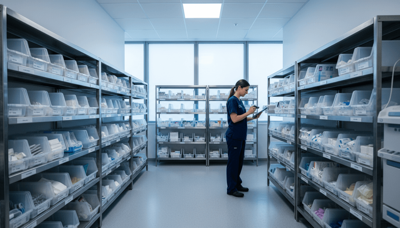 Hospital supply room with organized dental equipment on shelves
