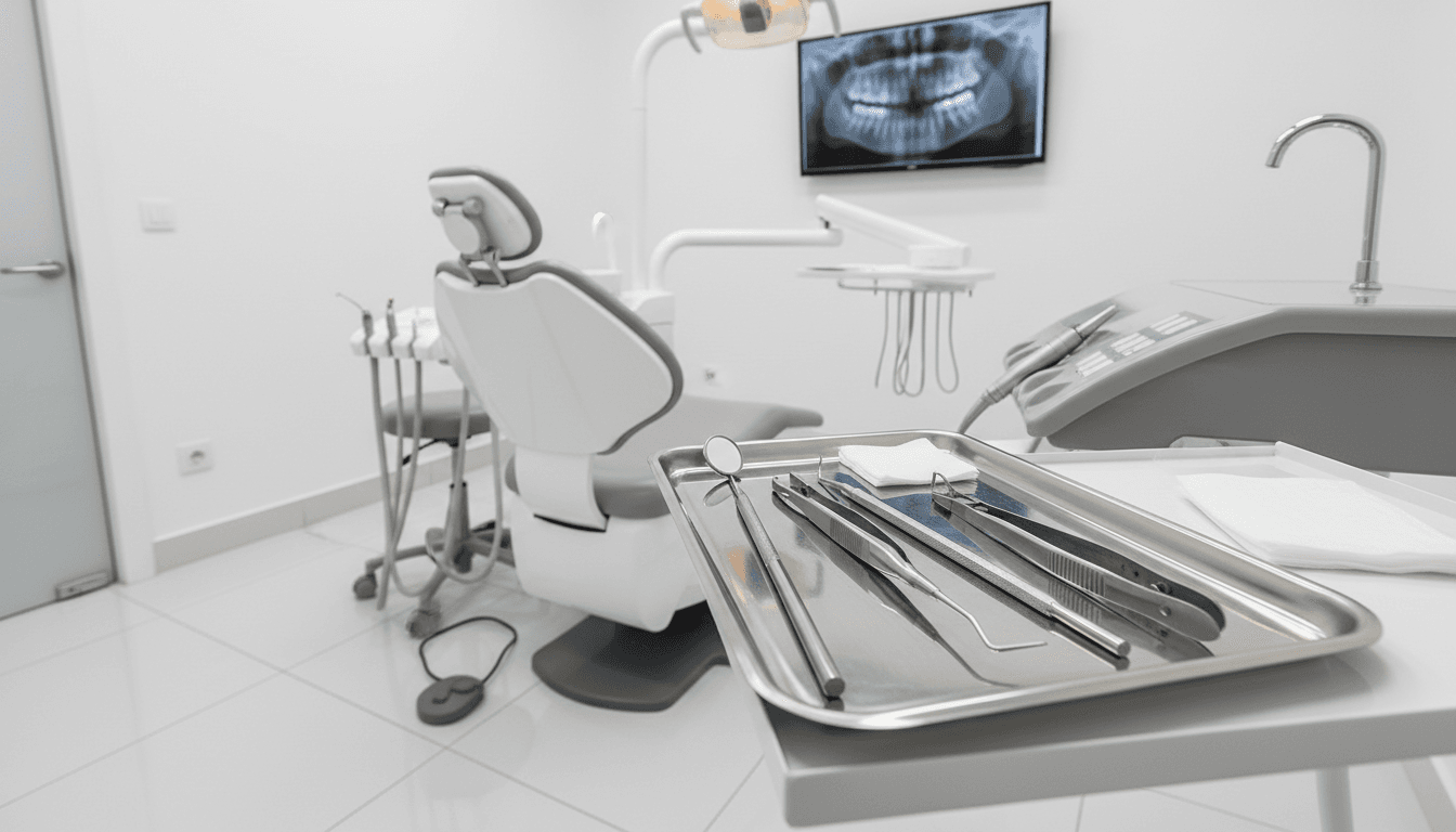 Close-up of dental diagnostic instruments on a sterile tray