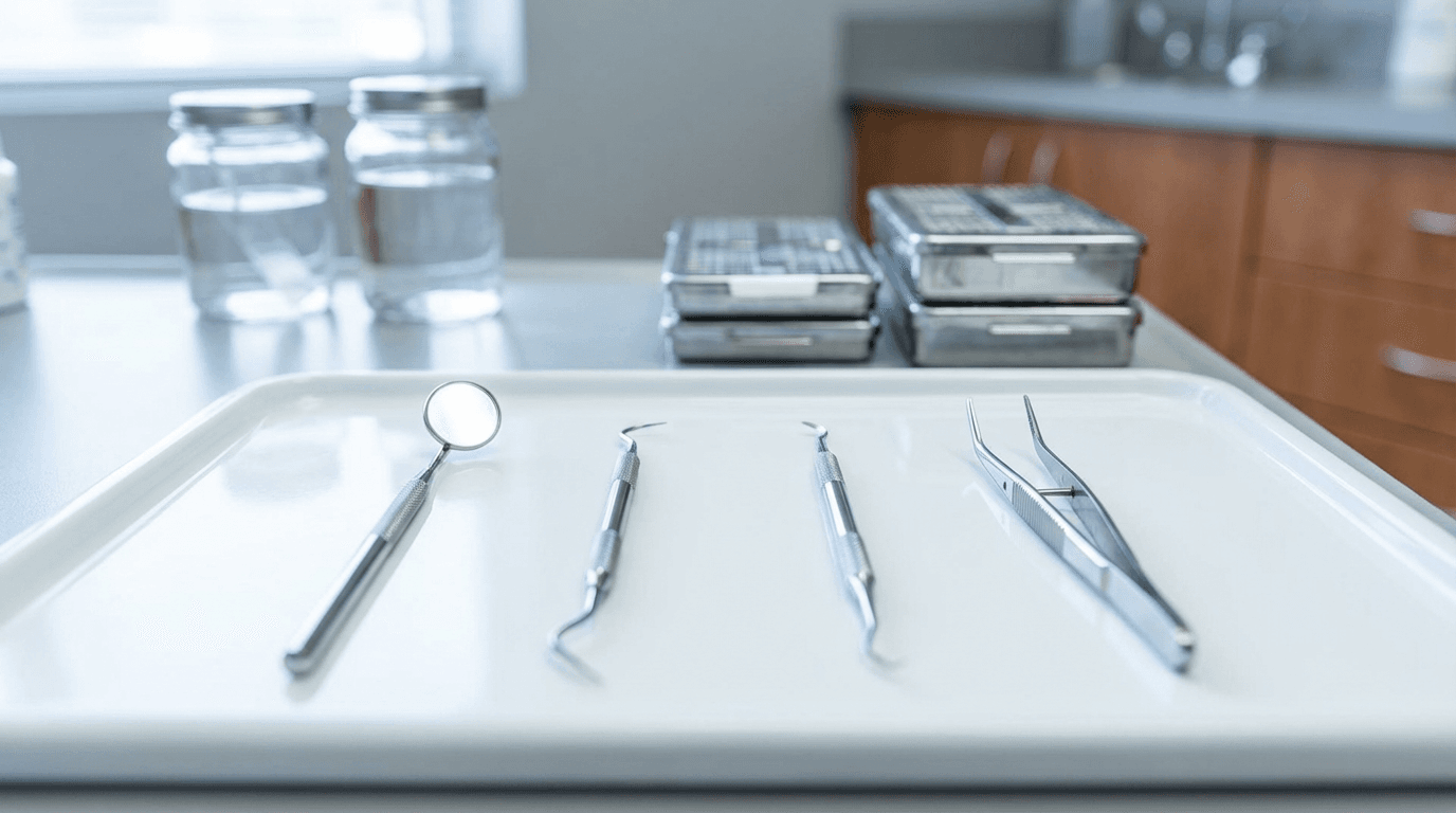 Dental instruments packaged and organized in a clean medical supply setting