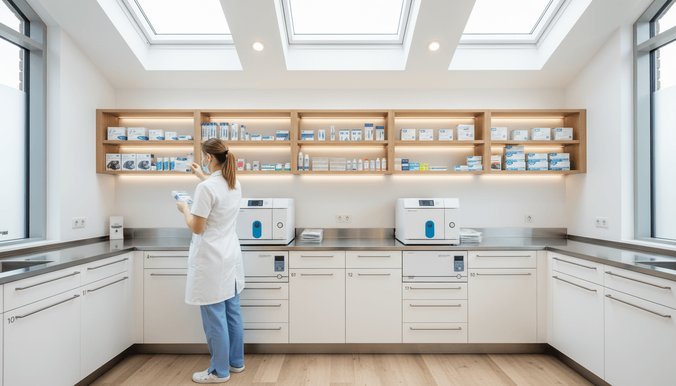 Bright hospital corridor with dental equipment supply carts