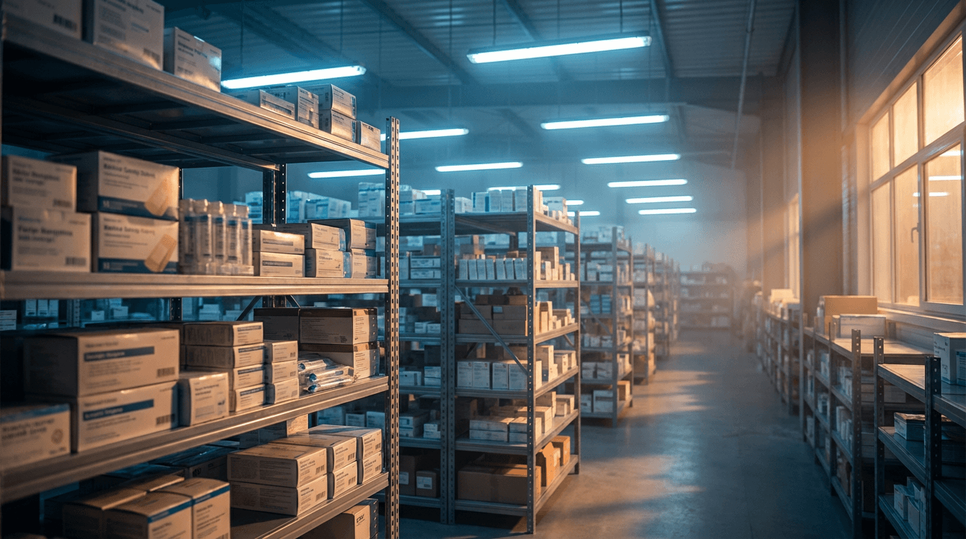 Hospital staff member reviewing dental supplies on shelves in a clean storage room
