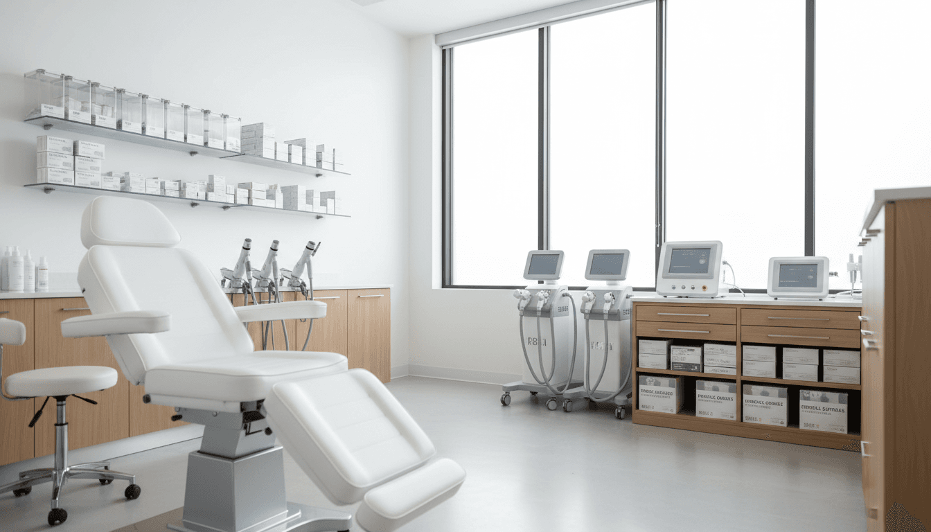 Neatly organized medical and dental equipment on shelves in a bright hospital supply room
