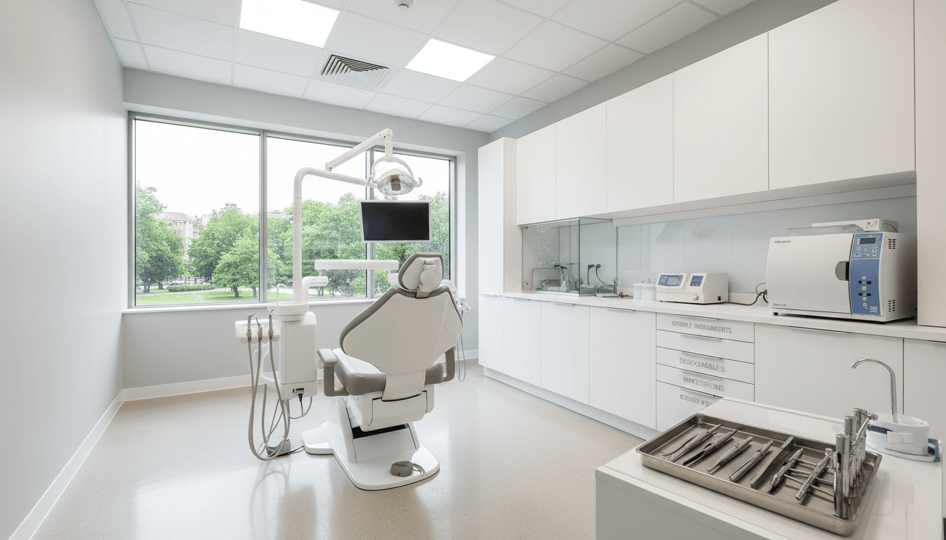 Hospital supply corridor with dental equipment carts