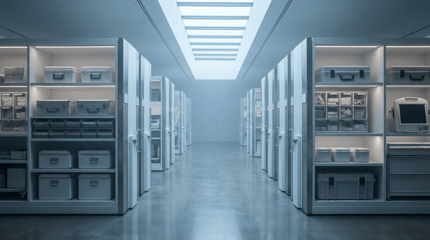 Hospital storage room stocked with organized medical equipment